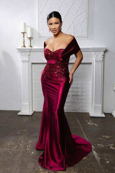 Off Shoulder Satin Evening Gown with Beaded Lace Appliqué Fitted Mermaid Dress by May Queen MQ2174