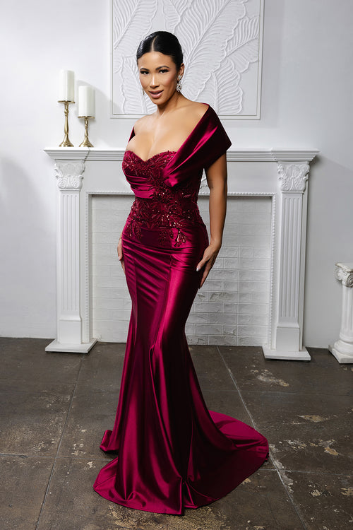 Off Shoulder Satin Evening Gown with Beaded Lace Appliqué Fitted Mermaid Dress by May Queen MQ2174