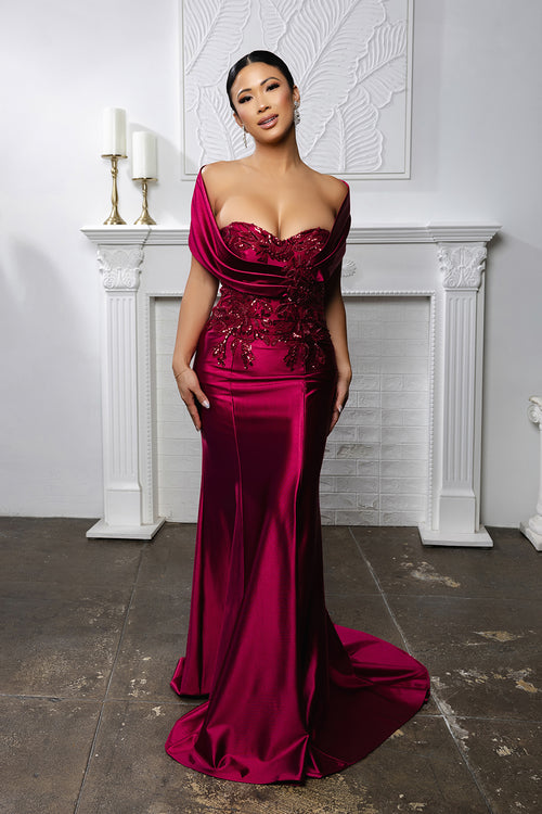 Off Shoulder Satin Evening Gown with Beaded Lace Appliqué Fitted Mermaid Dress by May Queen MQ2174