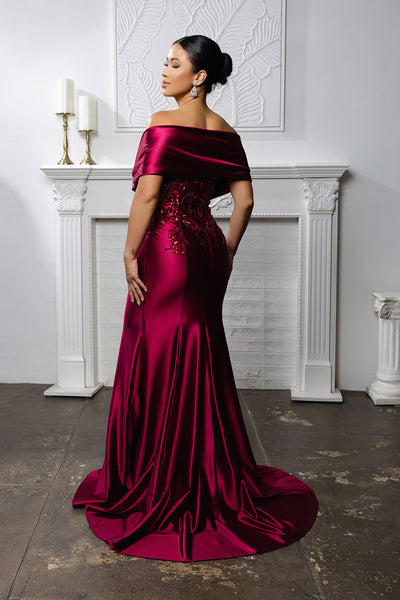 Off Shoulder Satin Evening Gown with Beaded Lace Appliqué Fitted Mermaid Dress by May Queen MQ2174