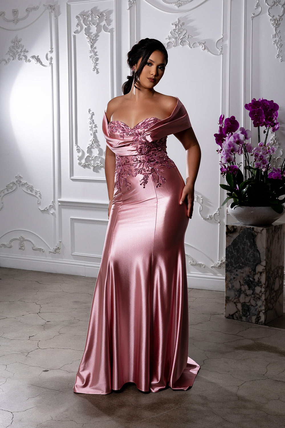 Off Shoulder Satin Evening Gown with Beaded Lace Appliqué Fitted Mermaid Dress by May Queen MQ2174