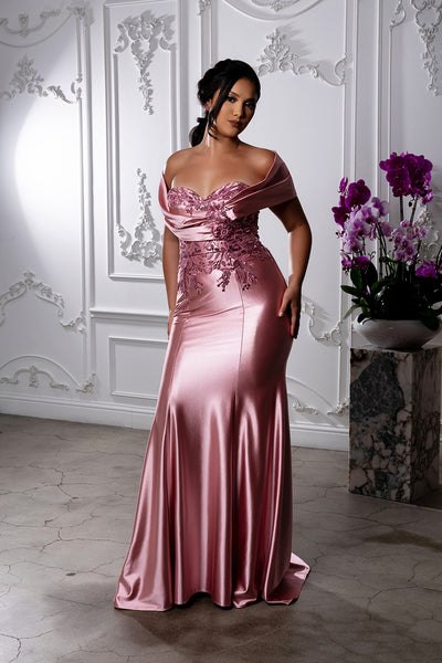 Off Shoulder Satin Evening Gown with Beaded Lace Appliqué Fitted Mermaid Dress by May Queen MQ2174