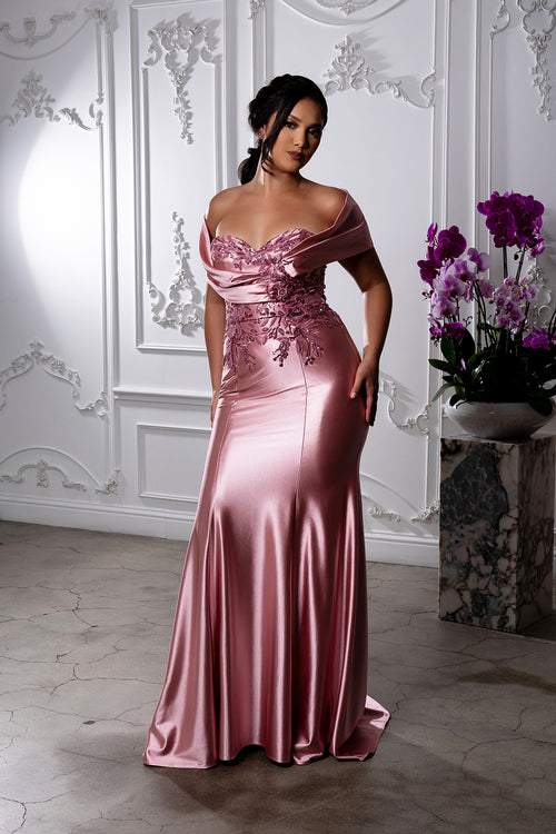Off Shoulder Satin Evening Gown with Beaded Lace Appliqué Fitted Mermaid Dress by May Queen MQ2174