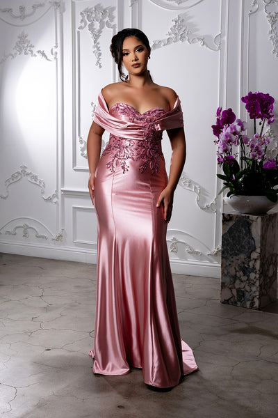Off Shoulder Satin Evening Gown with Beaded Lace Appliqué Fitted Mermaid Dress by May Queen MQ2174