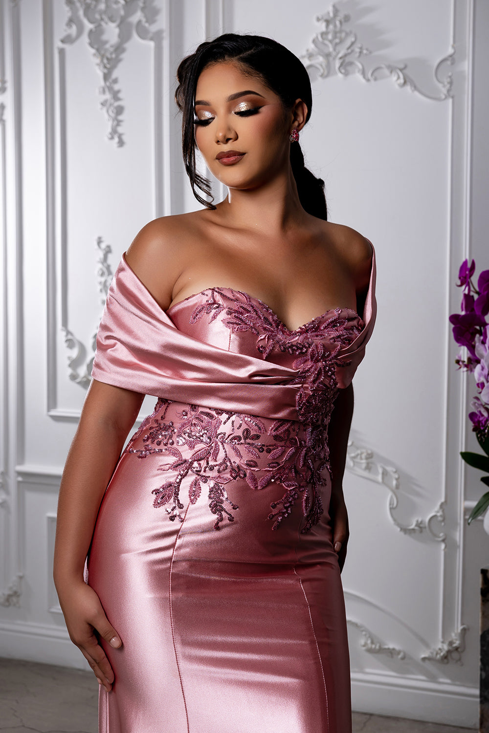 Off Shoulder Satin Evening Gown with Beaded Lace Appliqué Fitted Mermaid Dress by May Queen MQ2174