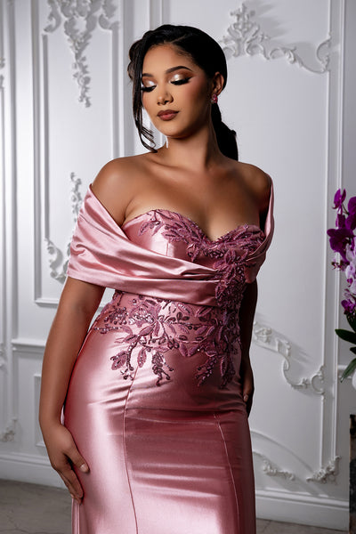 Off Shoulder Satin Evening Gown with Beaded Lace Appliqué Fitted Mermaid Dress by May Queen MQ2174