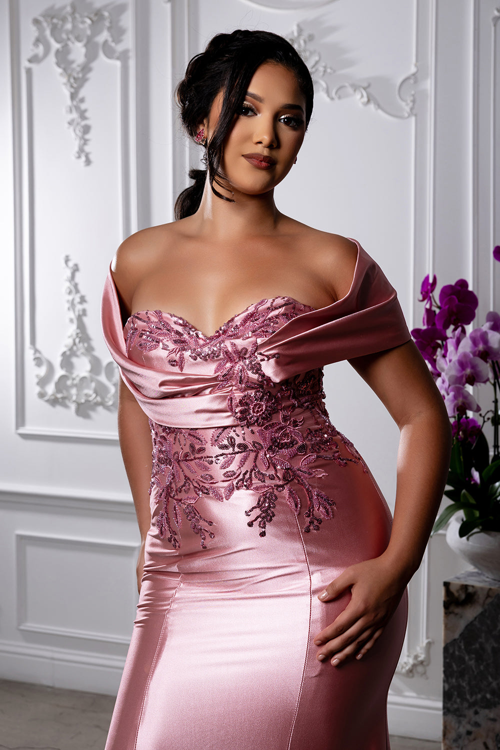 Off Shoulder Satin Evening Gown with Beaded Lace Appliqué Fitted Mermaid Dress by May Queen MQ2174