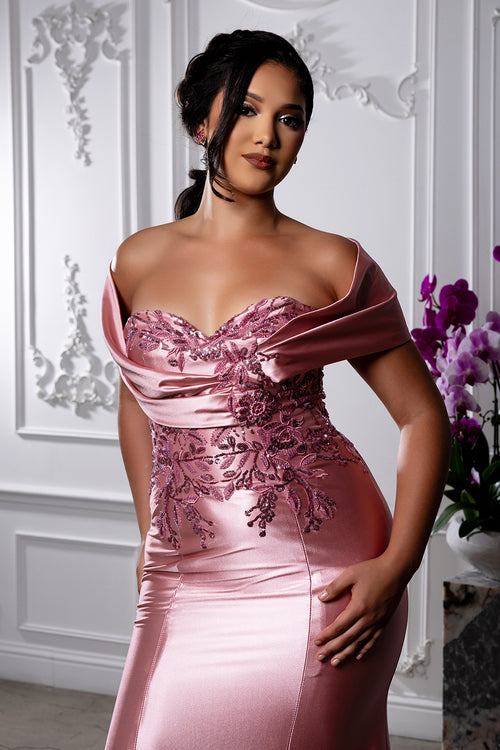 Off Shoulder Satin Evening Gown with Beaded Lace Appliqué Fitted Mermaid Dress by May Queen MQ2174