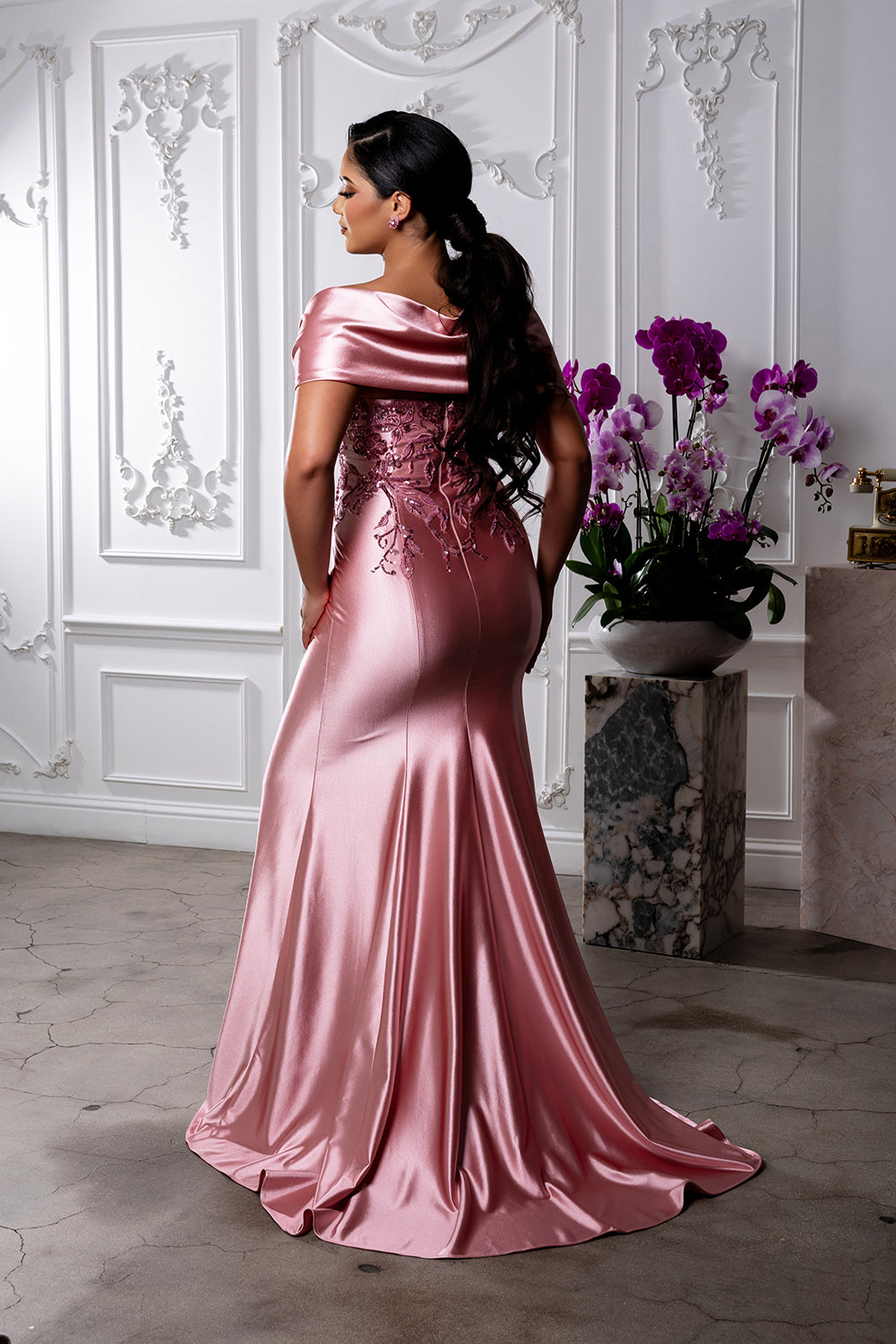 Off Shoulder Satin Evening Gown with Beaded Lace Appliqué Fitted Mermaid Dress by May Queen MQ2174
