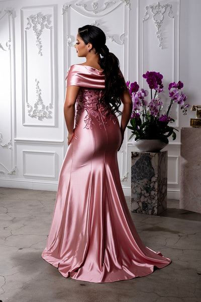 Off Shoulder Satin Evening Gown with Beaded Lace Appliqué Fitted Mermaid Dress by May Queen MQ2174