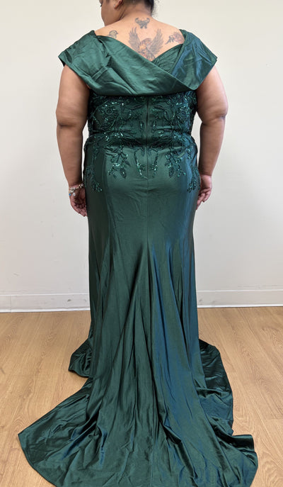 Off Shoulder Satin Evening Gown with Beaded Lace Appliqué Fitted Mermaid Dress by May Queen MQ2174
