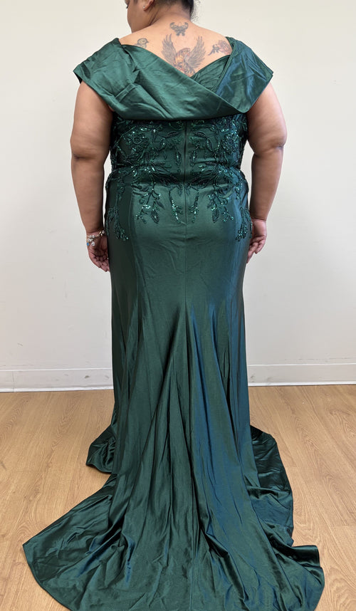 Off Shoulder Satin Evening Gown with Beaded Lace Appliqué Fitted Mermaid Dress by May Queen MQ2174