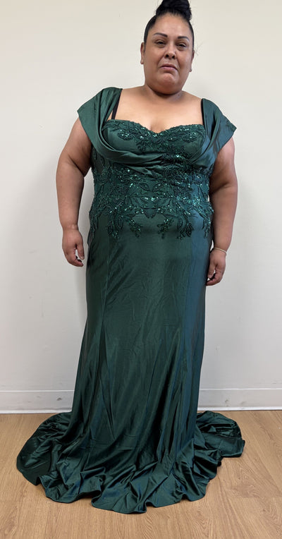 Off Shoulder Satin Evening Gown with Beaded Lace Appliqué Fitted Mermaid Dress by May Queen MQ2174