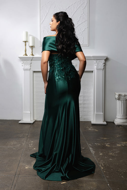 Off Shoulder Satin Evening Gown with Beaded Lace Appliqué Fitted Mermaid Dress by May Queen MQ2174