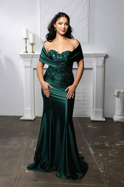 Off Shoulder Satin Evening Gown with Beaded Lace Appliqué Fitted Mermaid Dress by May Queen MQ2174