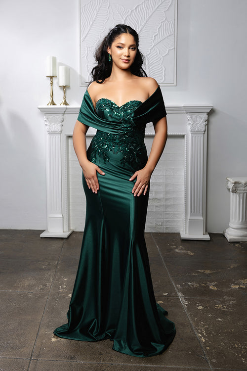 Off Shoulder Satin Evening Gown with Beaded Lace Appliqué Fitted Mermaid Dress by May Queen MQ2174