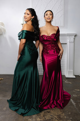 Off Shoulder Satin Evening Gown with Beaded Lace Appliqué Fitted Mermaid Dress by May Queen MQ2174
