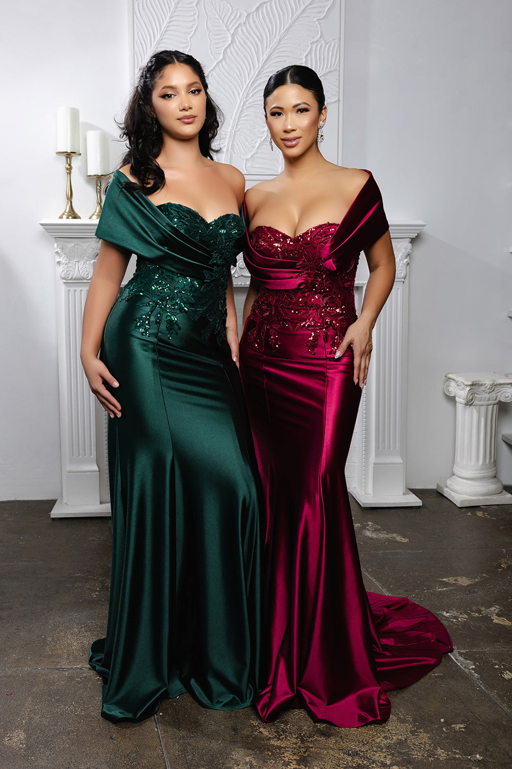 Off Shoulder Satin Evening Gown with Beaded Lace Appliqué Fitted Mermaid Dress by May Queen MQ2174