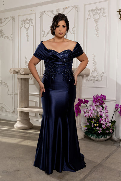 Off Shoulder Satin Evening Gown with Beaded Lace Appliqué Fitted Mermaid Dress by May Queen MQ2174