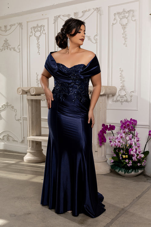 Off Shoulder Satin Evening Gown with Beaded Lace Appliqué Fitted Mermaid Dress by May Queen MQ2174
