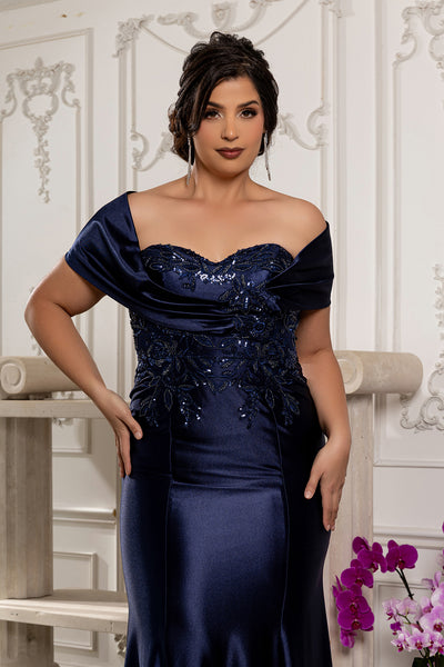 Off Shoulder Satin Evening Gown with Beaded Lace Appliqué Fitted Mermaid Dress by May Queen MQ2174