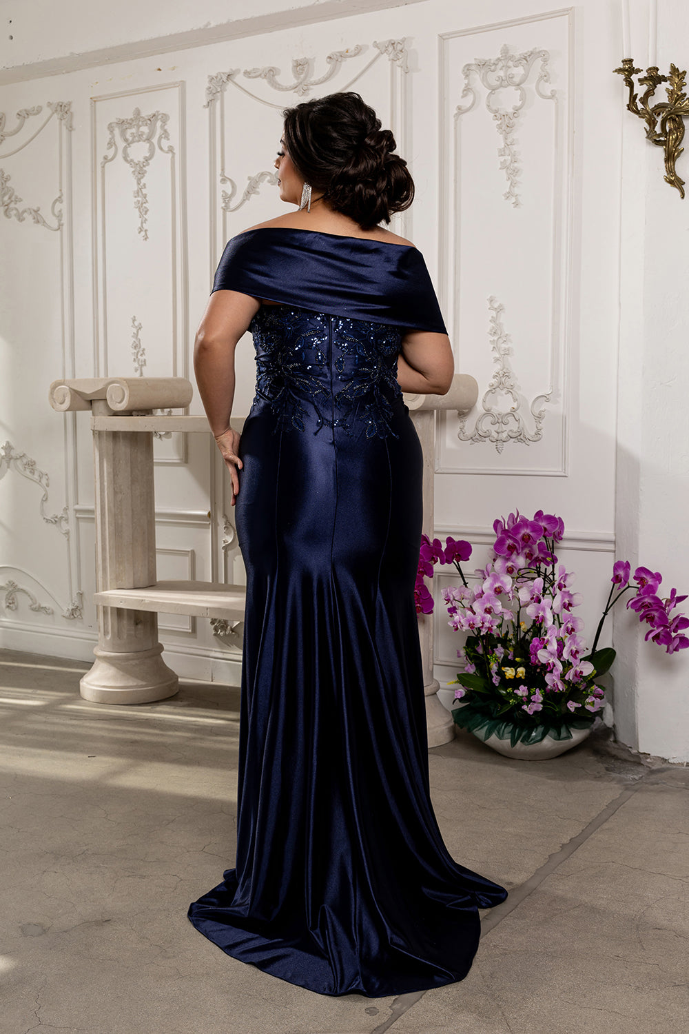 Off Shoulder Satin Evening Gown with Beaded Lace Appliqué Fitted Mermaid Dress by May Queen MQ2174