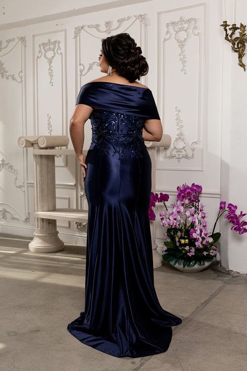 Off Shoulder Satin Evening Gown with Beaded Lace Appliqué Fitted Mermaid Dress by May Queen MQ2174