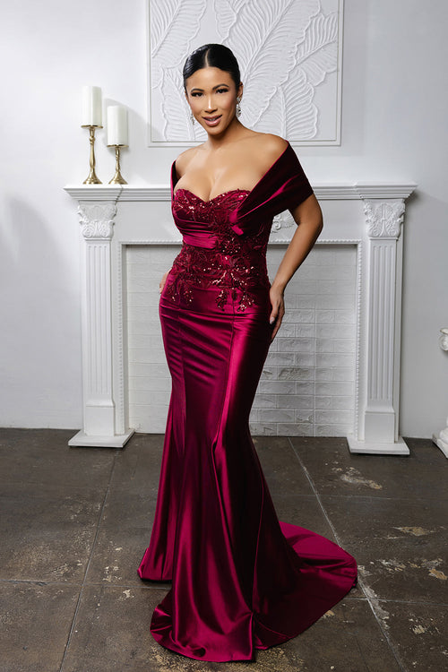 Off Shoulder Satin Mermaid Gown with Lace Bodice and Train Bridemaids Dress by May Queen MQ2174B