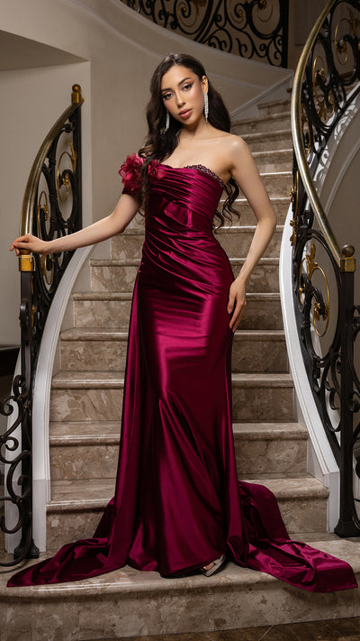 Elegant Satin Off-Shoulder Evening Gown with Floral Appliqué and Sweep Train By May Queen MQ2175
