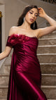 Elegant Satin Off-Shoulder Evening Gown with Floral Appliqué and Sweep Train By May Queen MQ2175