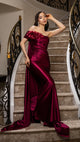Elegant Satin Off-Shoulder Evening Gown with Floral Appliqué and Sweep Train By May Queen MQ2175