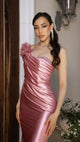 Elegant Satin Off-Shoulder Evening Gown with Floral Appliqué and Sweep Train By May Queen MQ2175
