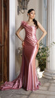 Elegant Satin Off-Shoulder Evening Gown with Floral Appliqué and Sweep Train By May Queen MQ2175