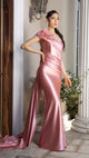 Elegant Satin Off-Shoulder Evening Gown with Floral Appliqué and Sweep Train By May Queen MQ2175