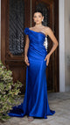 Elegant Satin Off-Shoulder Evening Gown with Floral Appliqué and Sweep Train By May Queen MQ2175