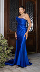 Elegant Satin Off-Shoulder Evening Gown with Floral Appliqué and Sweep Train By May Queen MQ2175