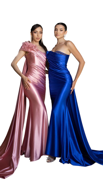 Elegant Satin Off-Shoulder Evening Gown with Floral Appliqué and Sweep Train By May Queen MQ2175