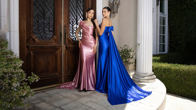 Elegant Satin Off-Shoulder Evening Gown with Floral Appliqué and Sweep Train By May Queen MQ2175