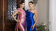 Elegant Satin Off-Shoulder Evening Gown with Floral Appliqué and Sweep Train By May Queen MQ2175