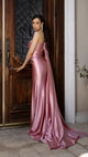 Elegant Satin Off-Shoulder Evening Gown with Floral Appliqué and Sweep Train By May Queen MQ2175