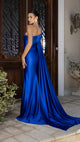 Elegant Satin Off-Shoulder Evening Gown with Floral Appliqué and Sweep Train By May Queen MQ2175