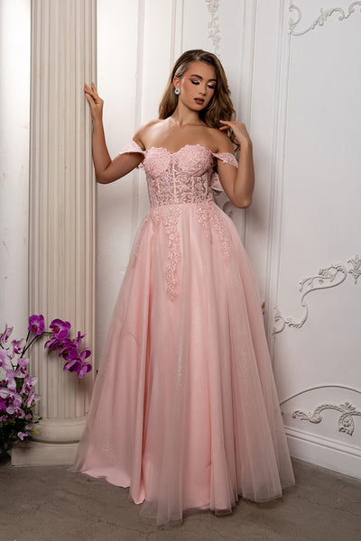 Off Shoulder Lace Appliqué Glitter Tulle Ball Gown Formal Evening Dress by May Queen MQ2176