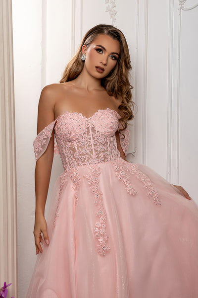 Off Shoulder Lace Appliqué Glitter Tulle Ball Gown Formal Evening Dress by May Queen MQ2176