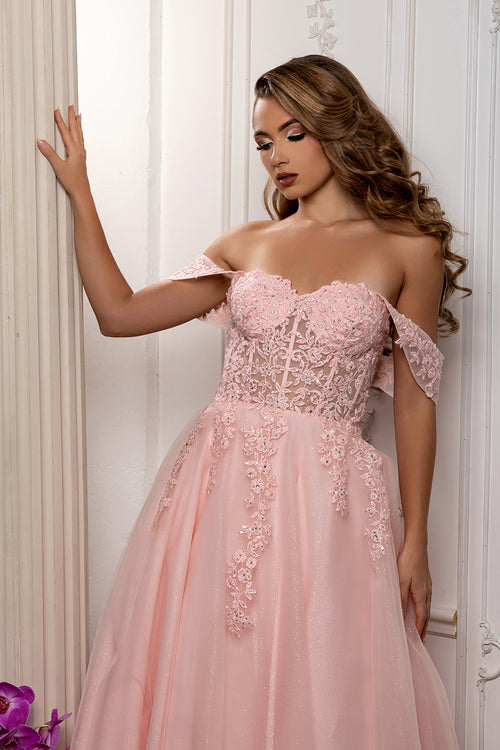 Off Shoulder Lace Appliqué Glitter Tulle Ball Gown Formal Evening Dress by May Queen MQ2176