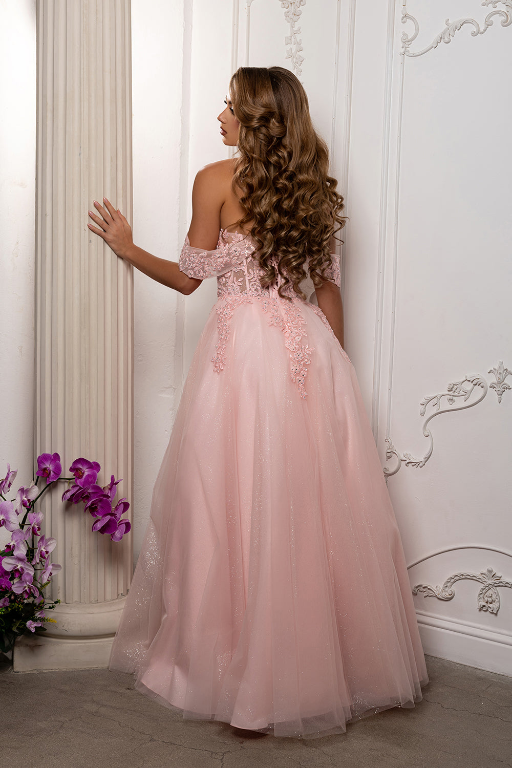Off Shoulder Lace Appliqué Glitter Tulle Ball Gown Formal Evening Dress by May Queen MQ2176