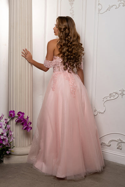 Off Shoulder Lace Appliqué Glitter Tulle Ball Gown Formal Evening Dress by May Queen MQ2176