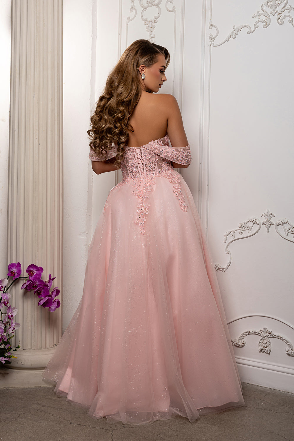 Off Shoulder Lace Appliqué Glitter Tulle Ball Gown Formal Evening Dress by May Queen MQ2176