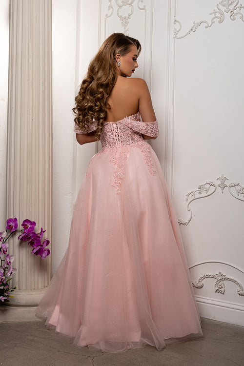 Off Shoulder Lace Appliqué Glitter Tulle Ball Gown Formal Evening Dress by May Queen MQ2176
