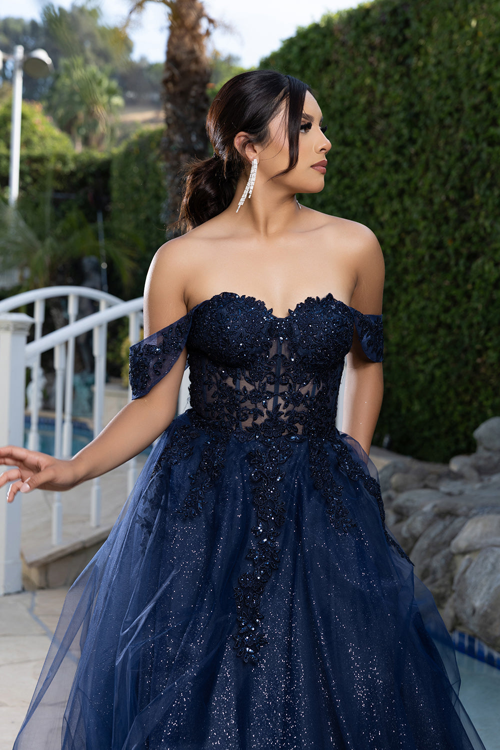 Off Shoulder Lace Appliqué Glitter Tulle Ball Gown Formal Evening Dress by May Queen MQ2176