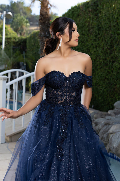 Off Shoulder Lace Appliqué Glitter Tulle Ball Gown Formal Evening Dress by May Queen MQ2176